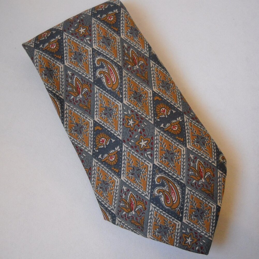 Christopher Hayes Neck Tie Steel Blue Gold 100% Silk Floral Diamond Paisley